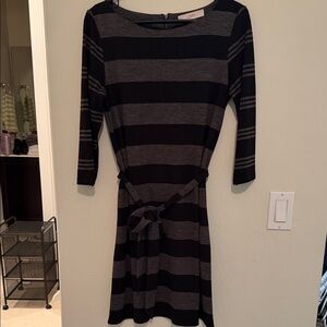 LOFT Long Sleeve Black and Gray Striped Dress
